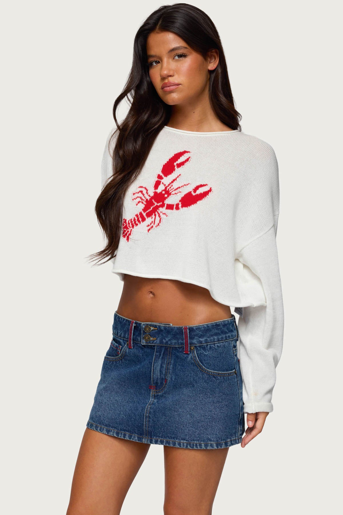 White Oversized Knit Sweater with Lobster Graphic