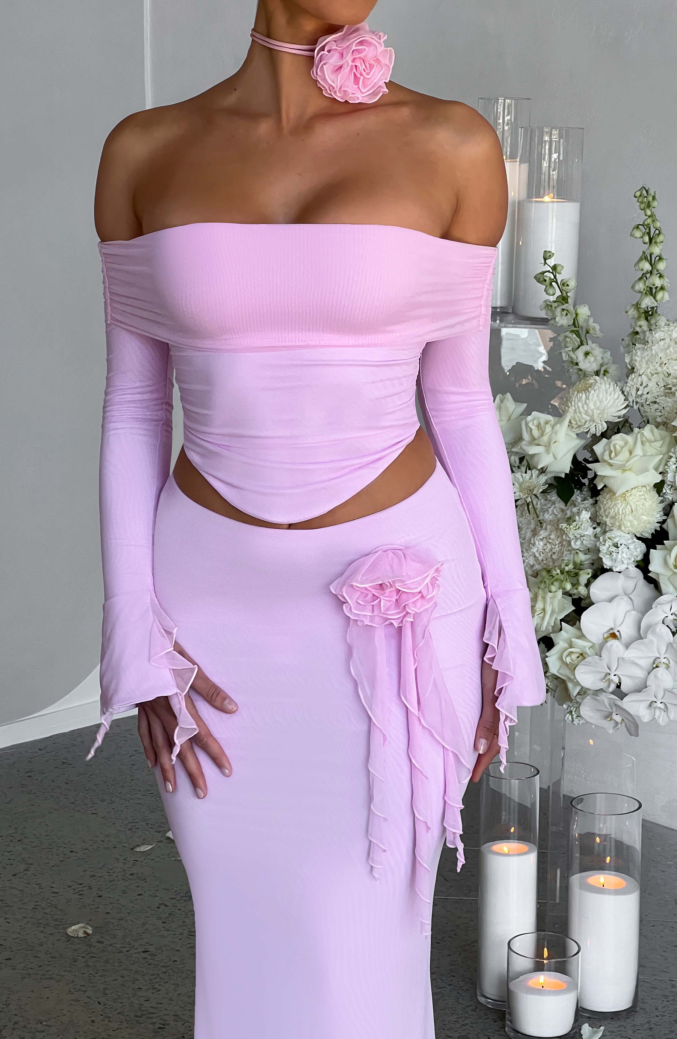 Pink Mesh Cropped Top with Ruffle Detail for Women