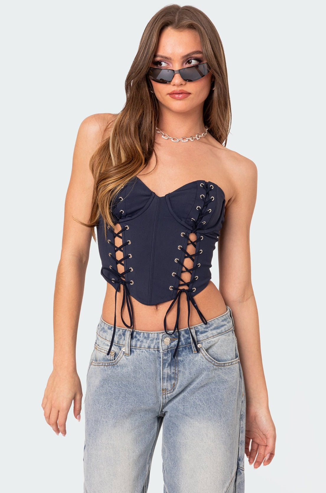 Navy Lace Up Corset Top Womens Strapless Bodice