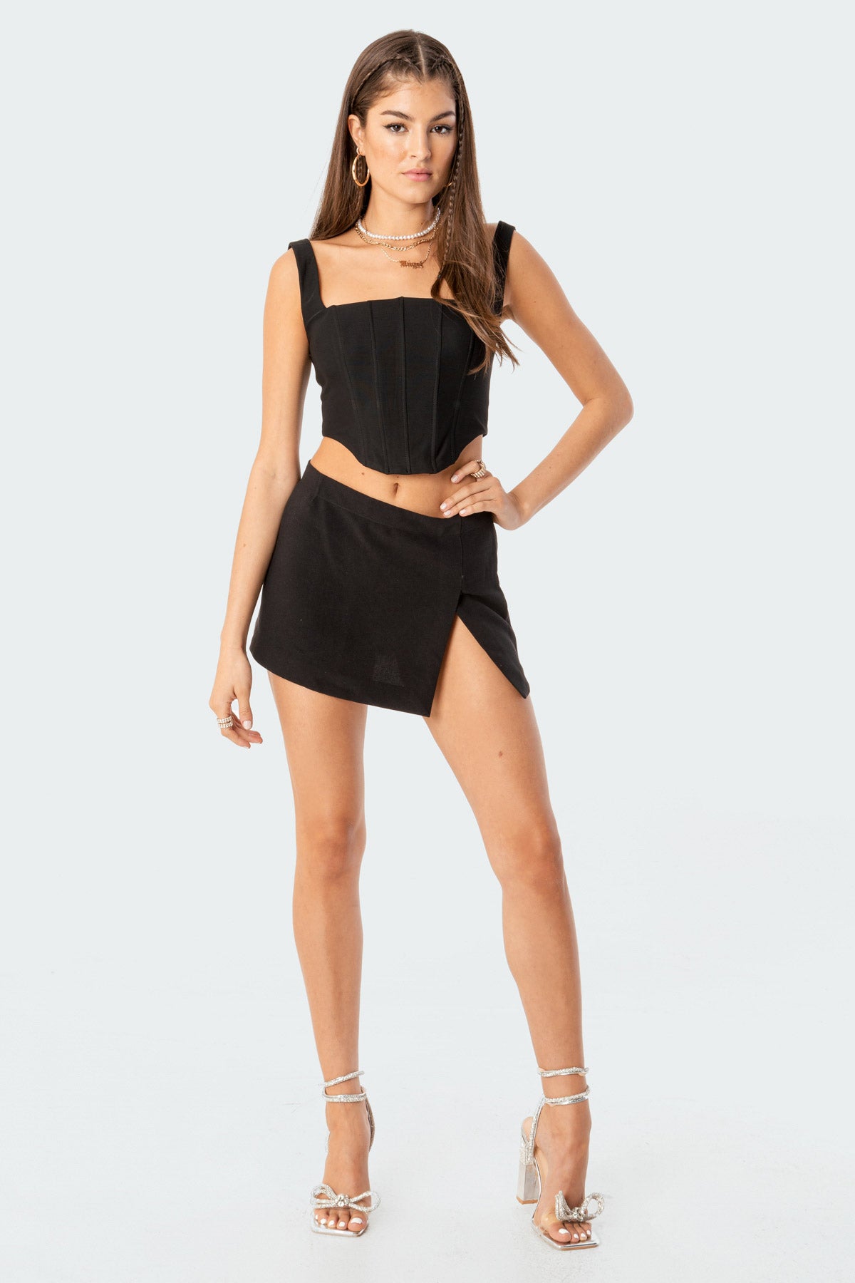 Black Mini Skirt Polyester Low Rise Side Slit XS-XL Sizes
