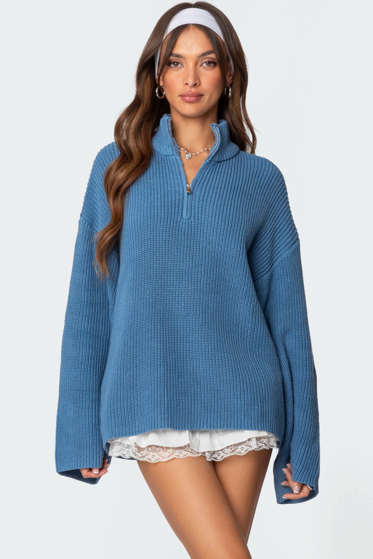 Oversized Blue High Neck Zip Sweater