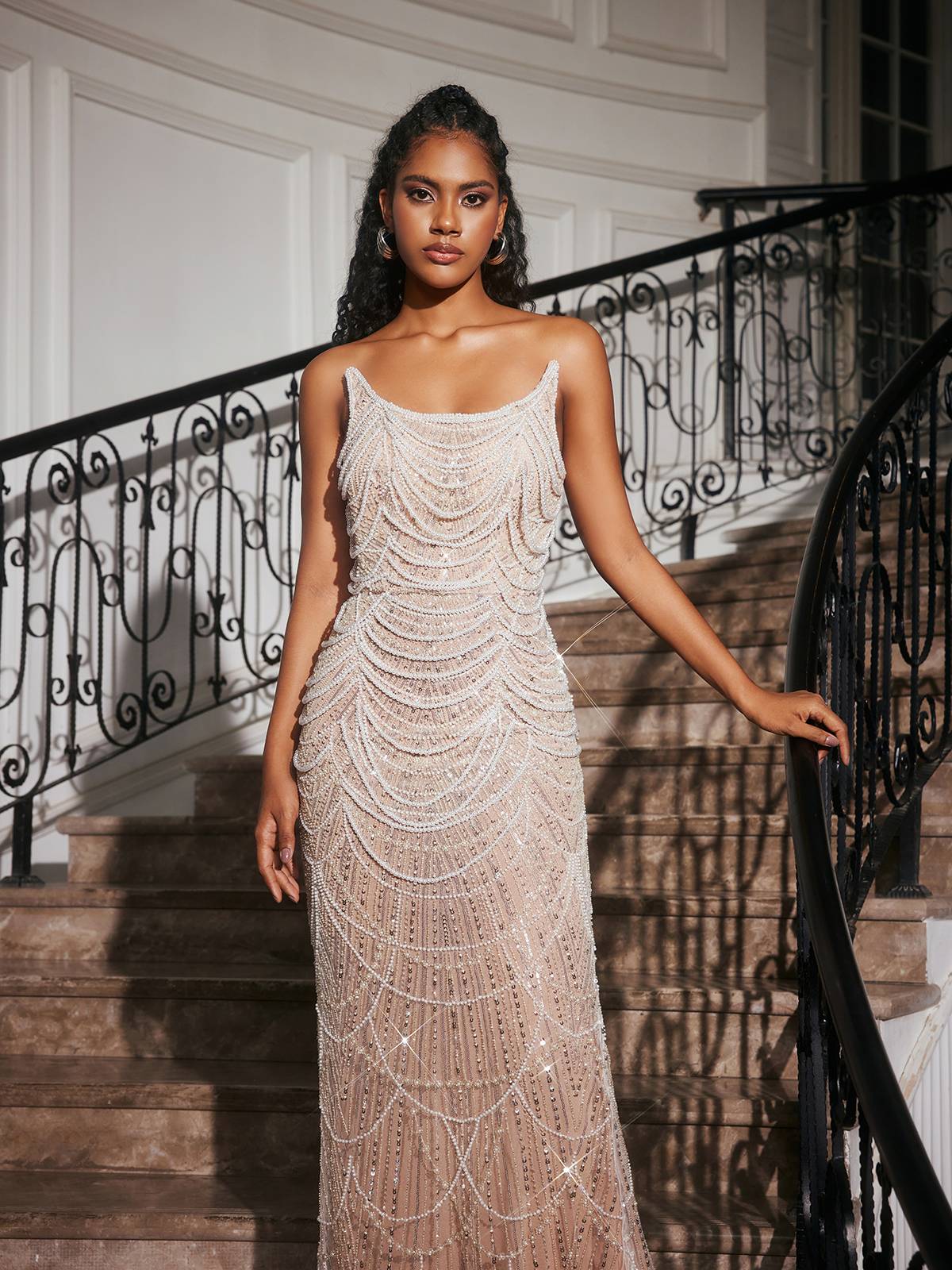 Strapless Pearl Embellished Maxi Dress in Apricot | Elegant S T-Length Gown