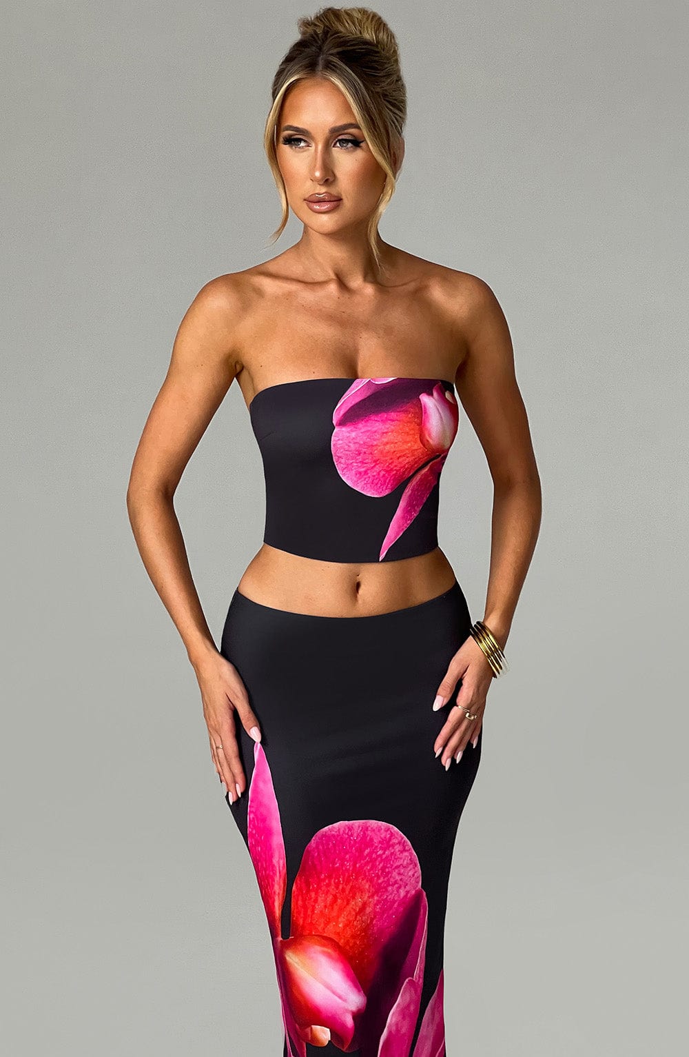 Elegant Black Floral Print Strapless Top - Allegra Style