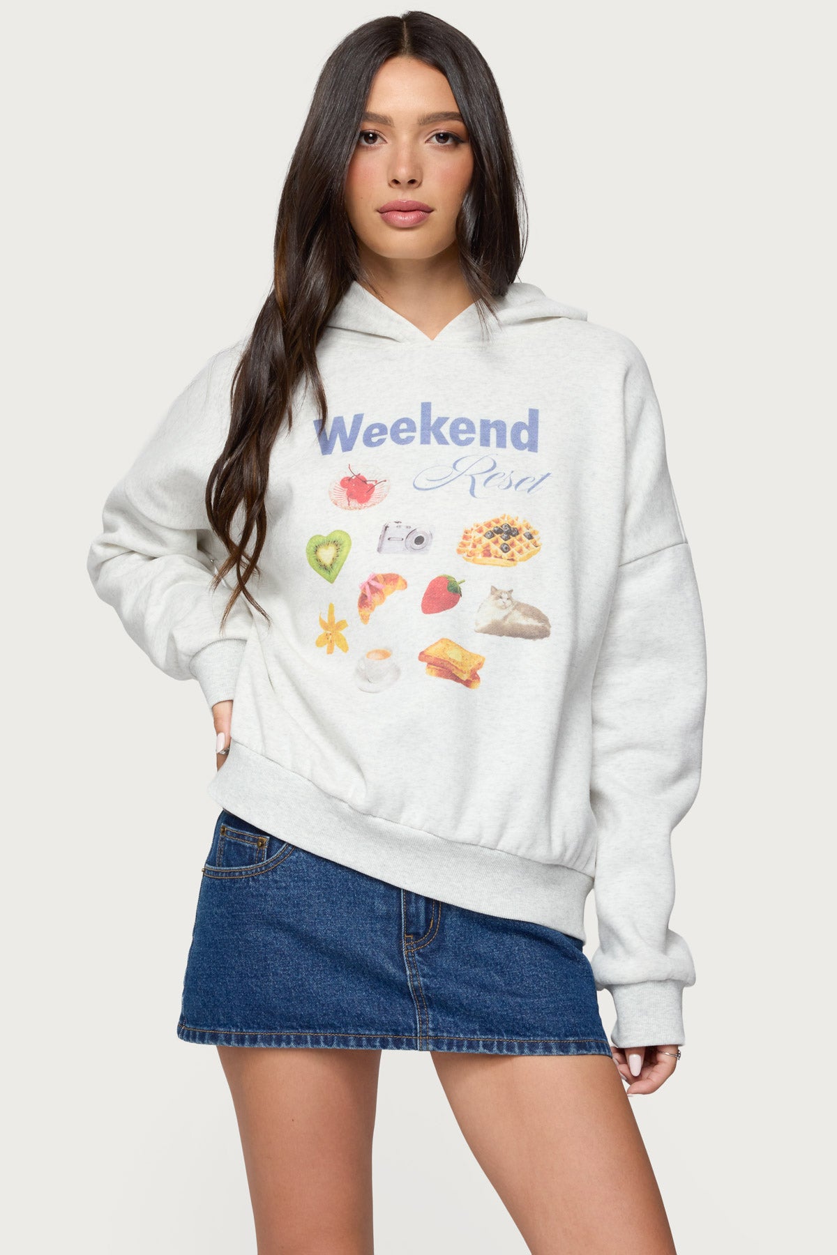 Gray Melange Graphic Text Printed Hoodie Womens Long Sleeve