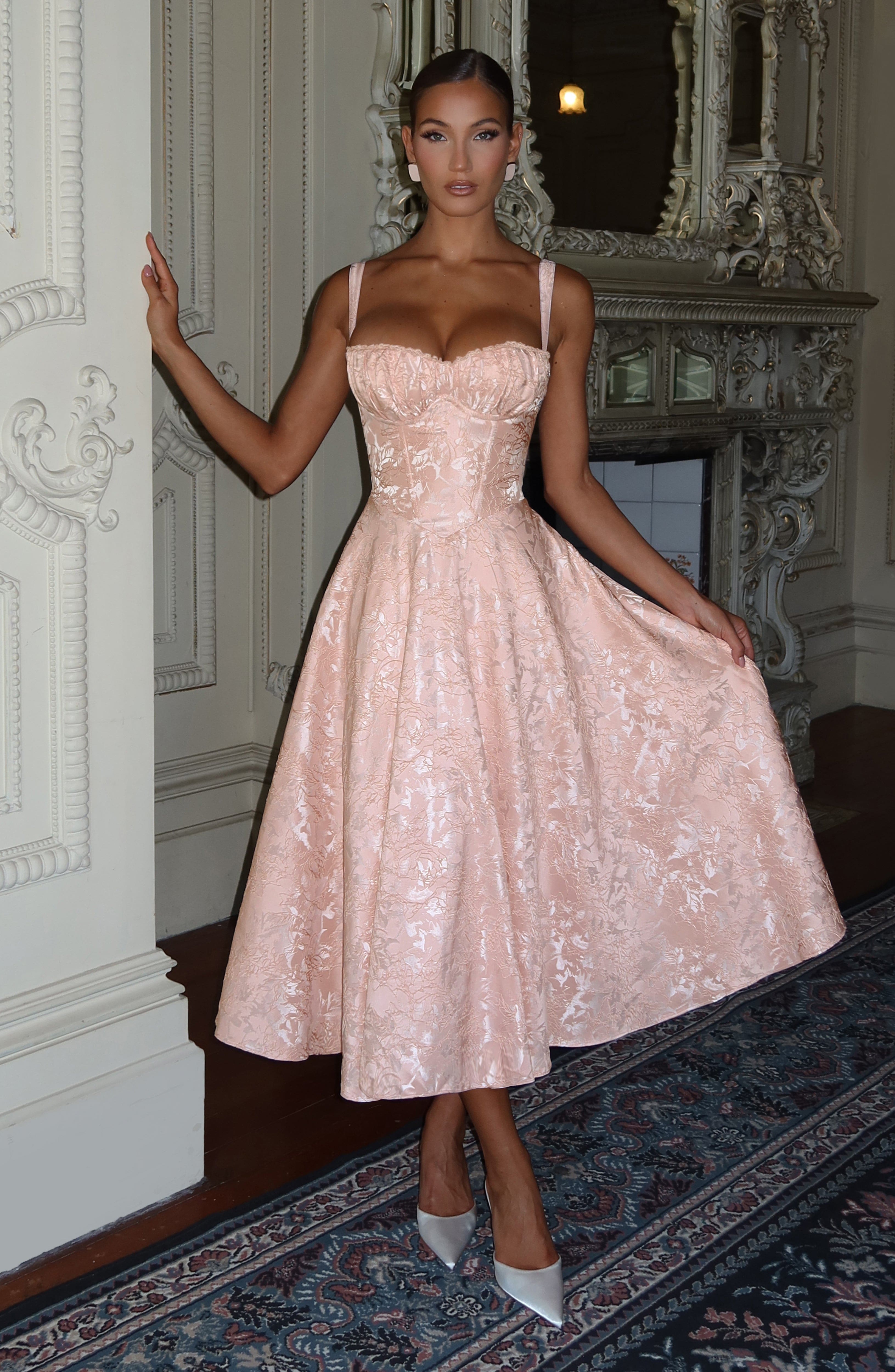 Floral Jacquard Midi Dress - Soft Peach Elegant Design