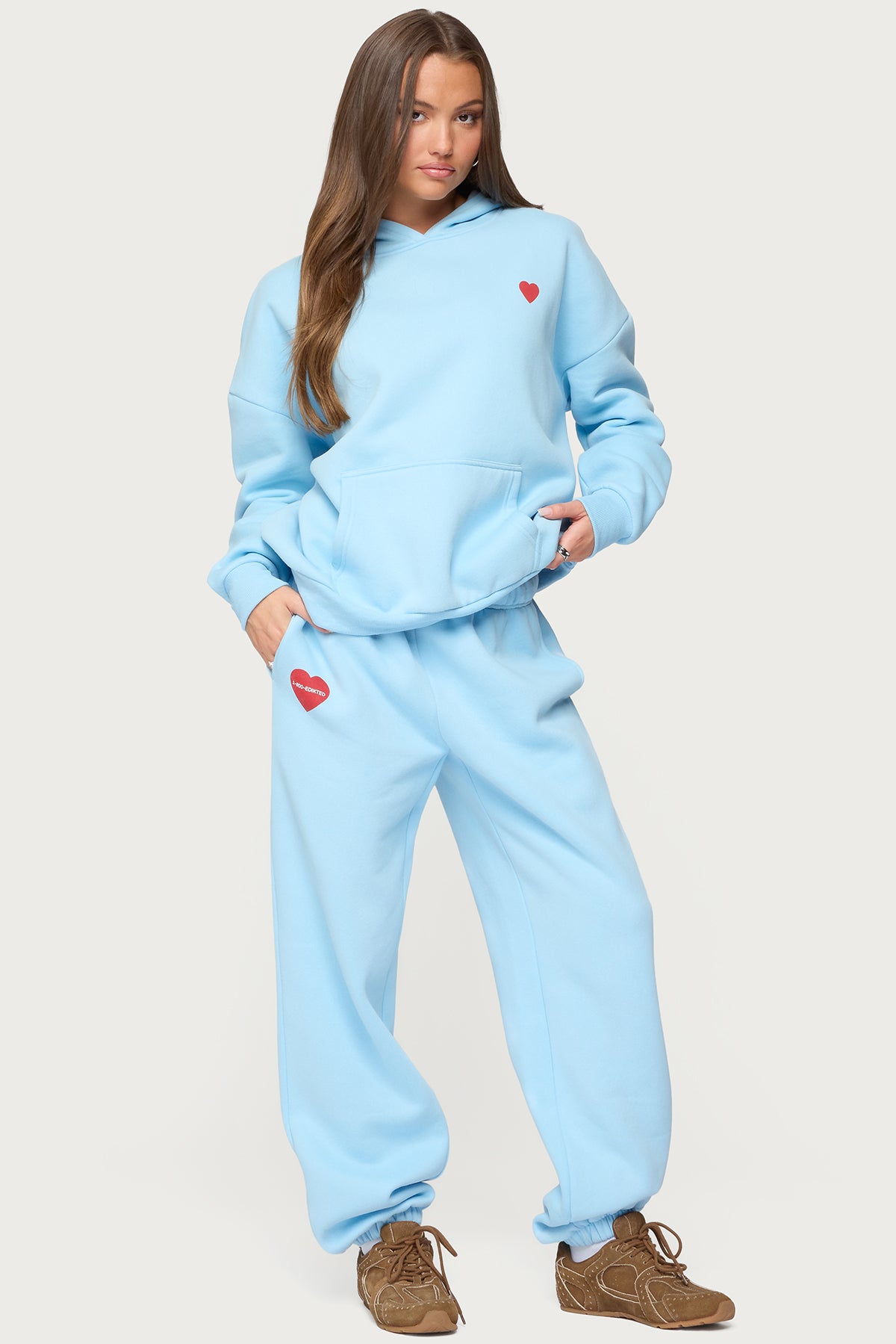 Blue Graphic Text Heart Print Sweatpants Set