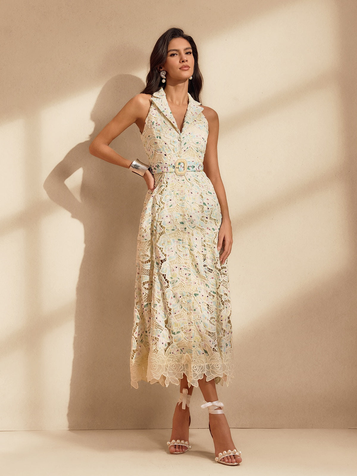 Embroidered Square Neck Midi Dress - Vintage Style