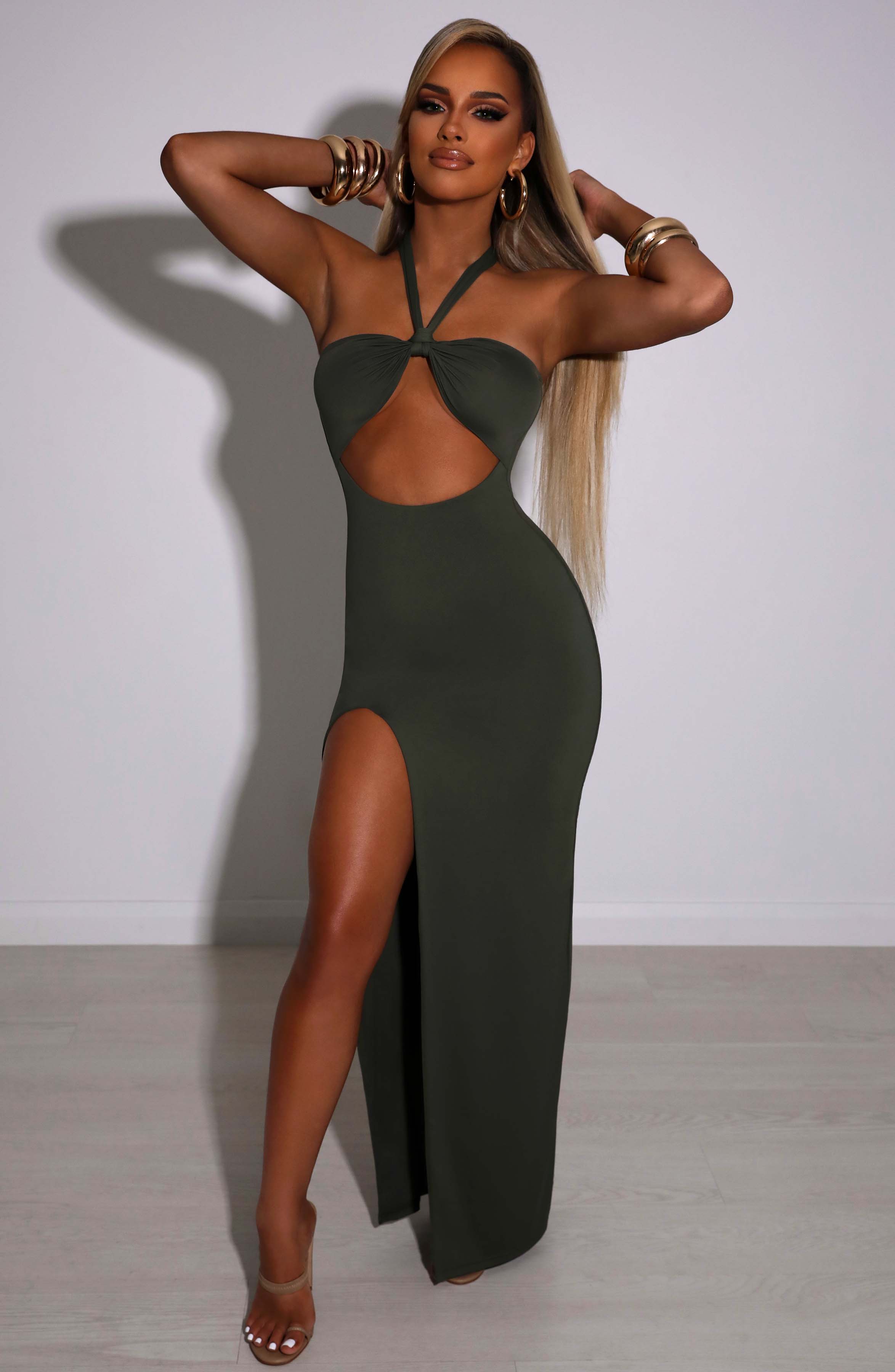 Khaki Maxi Dress with Front Knot Detail - Adjustable Straps
