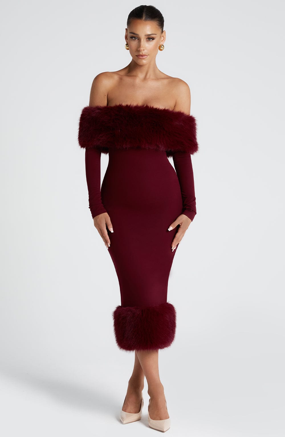 Bardot Neckline Wine Midi Dress - Luxurious Faux Fur Trim