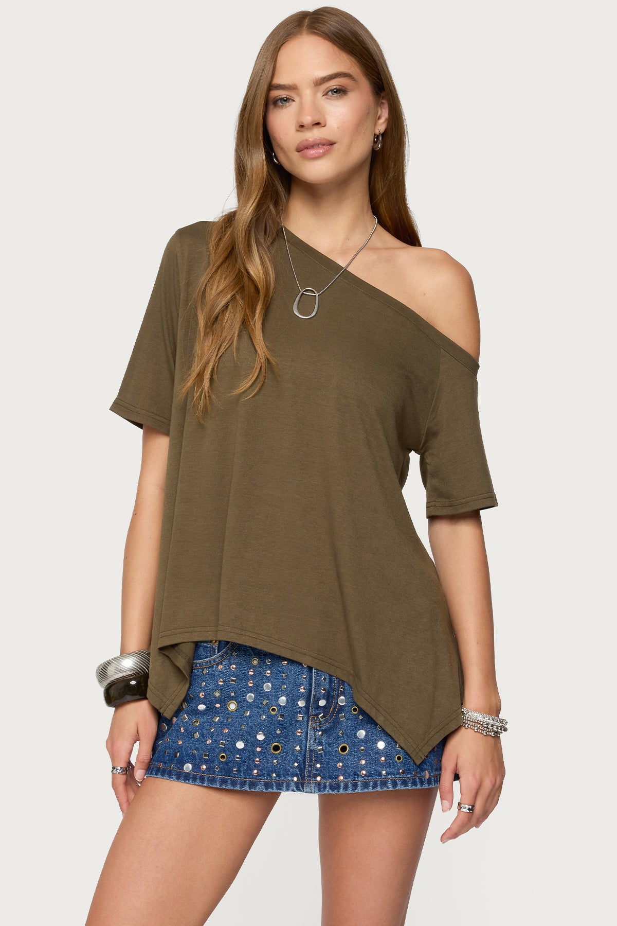 Stylish Olive Off Shoulder Top Womens Handkerchief Design
