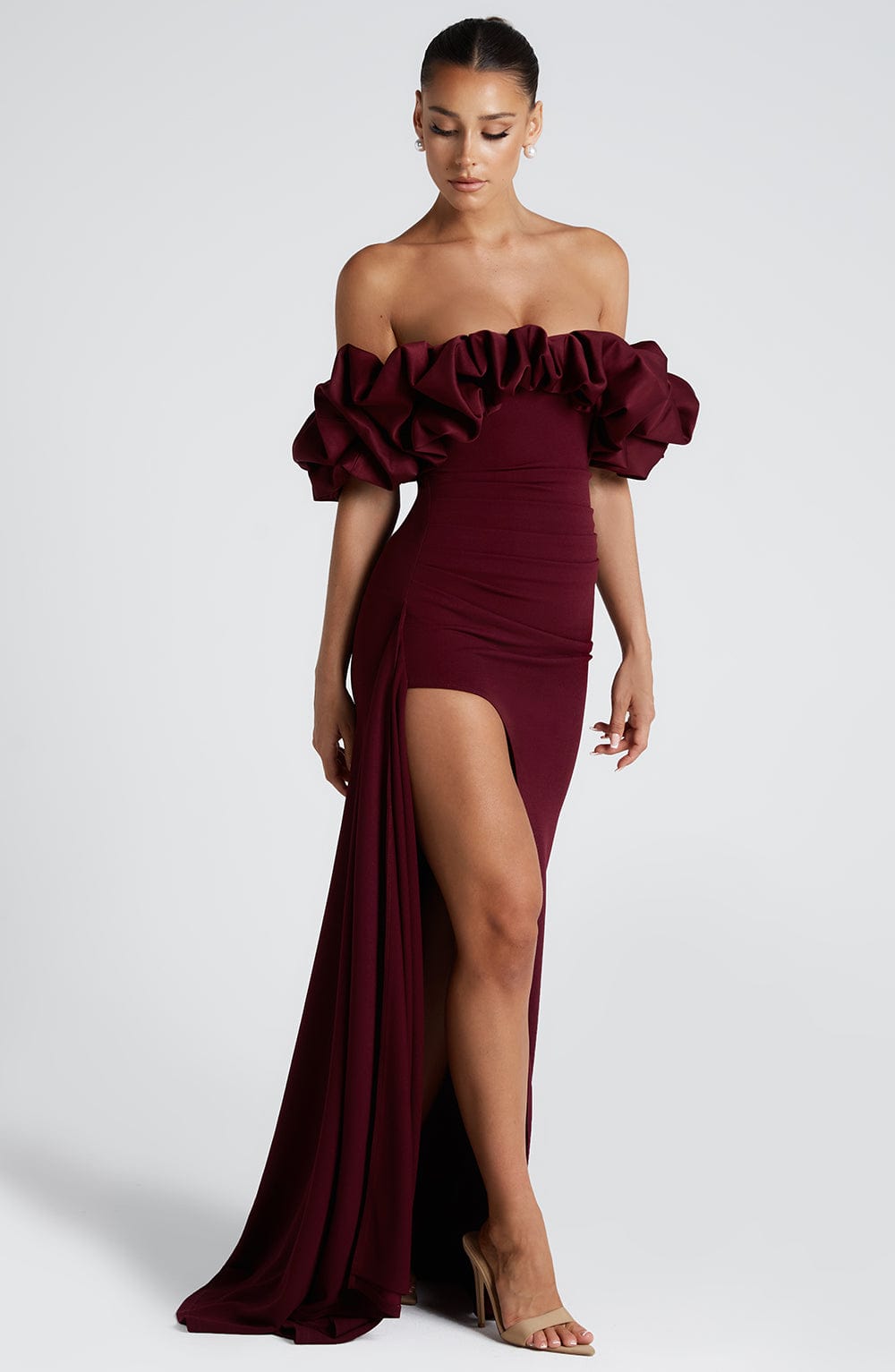 Cherry Lacquer Maxi Dress - Elegant Asymmetrical Bardot Gown