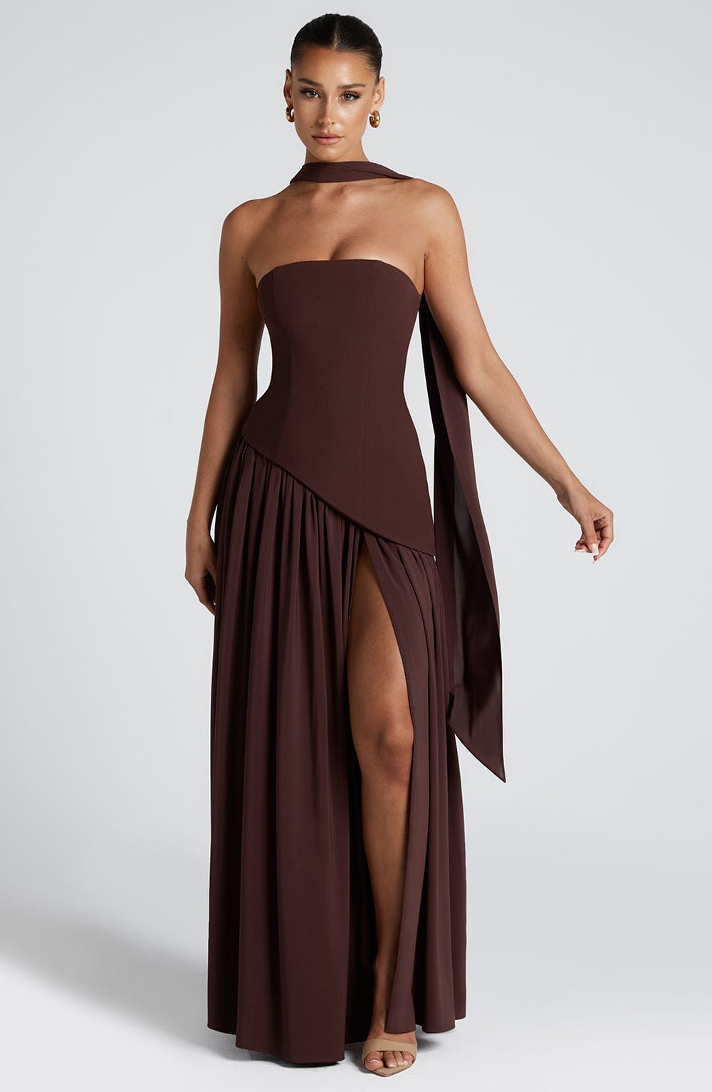 Plum Brown Asymmetrical Hem Maxi Dress with Thigh-High Split