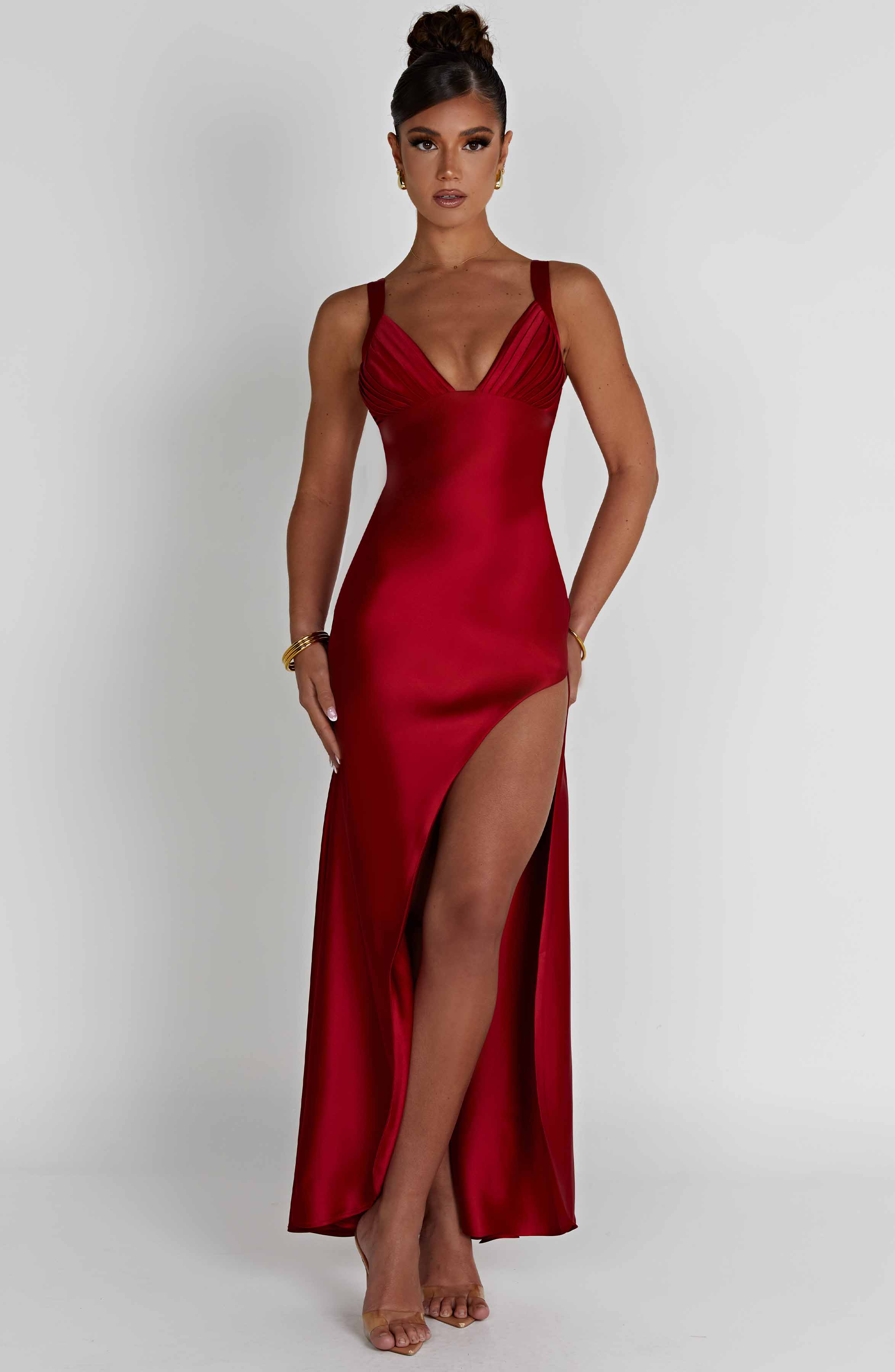 Red Satin Plunge Neck Maxi Dress - Elegant Formal Style