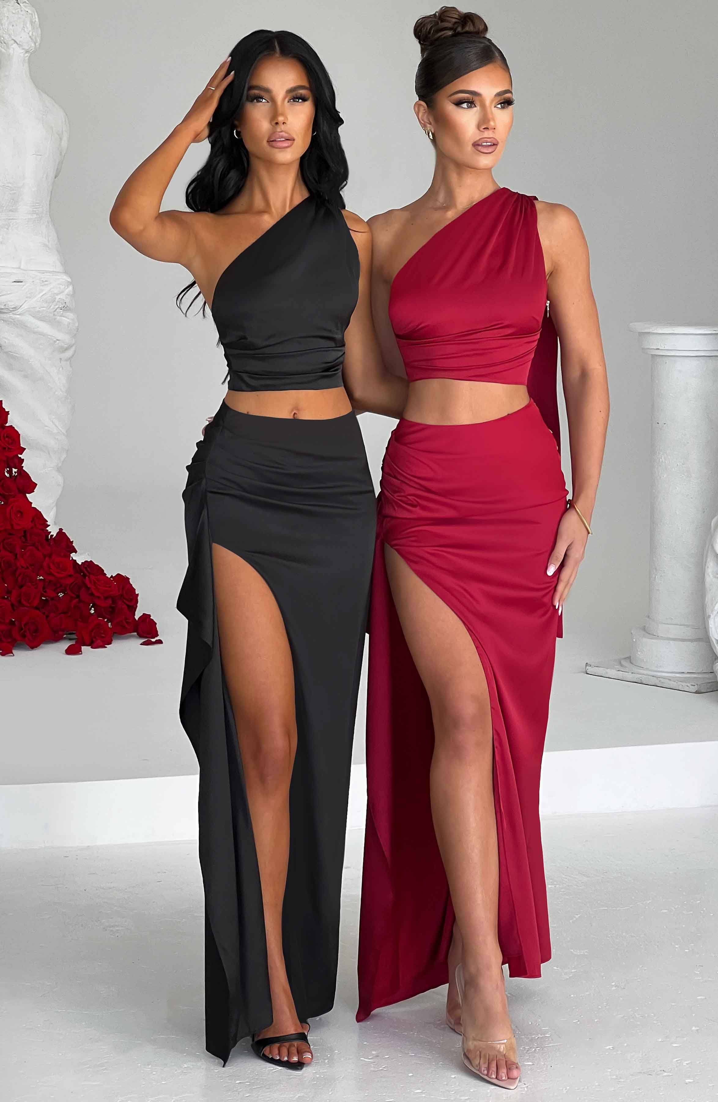 Black Satin Maxi Skirt with Thigh High Split