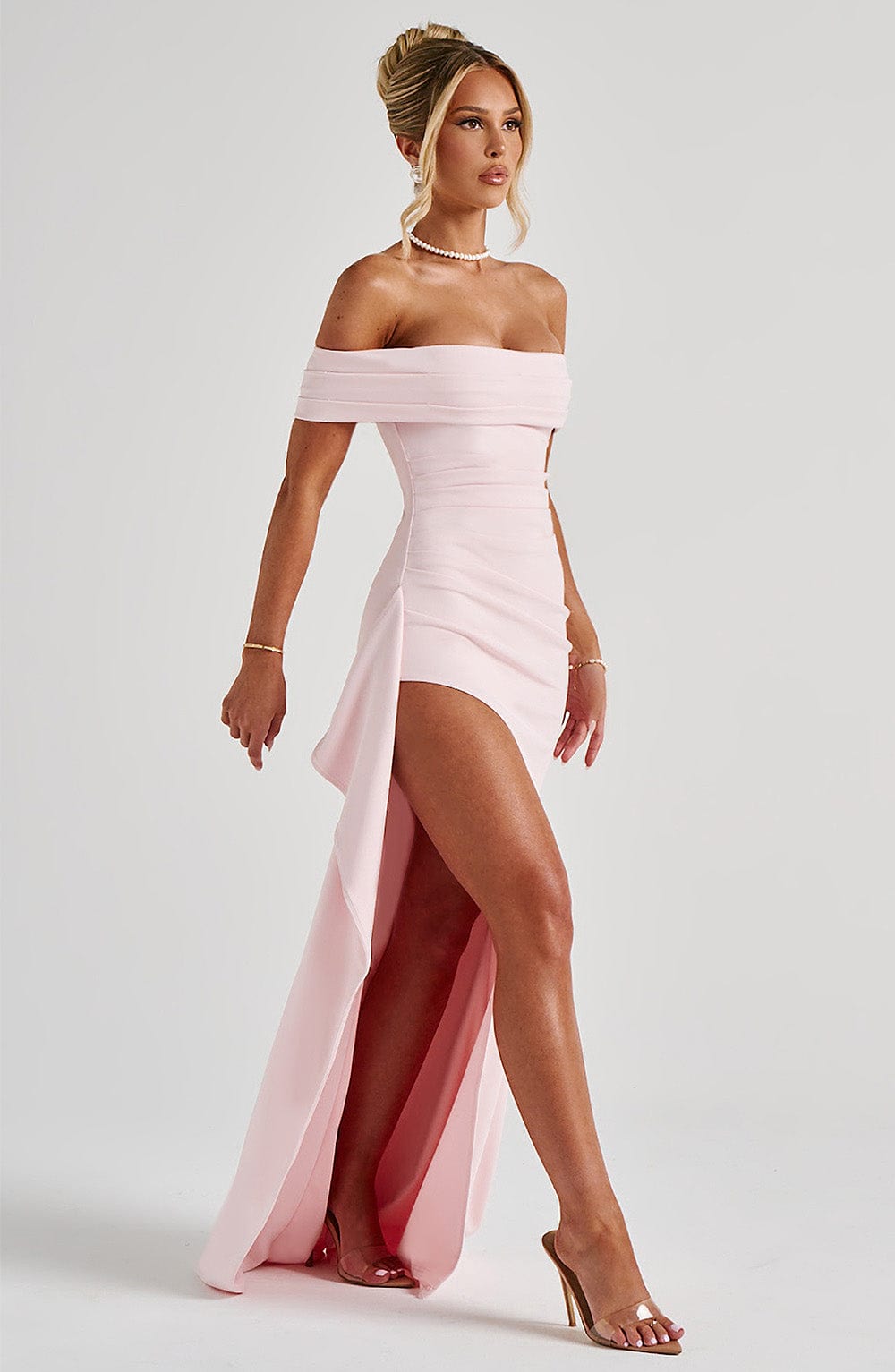 Blush Pleated Bardot Maxi Gown - Stretch Crepe Fabric