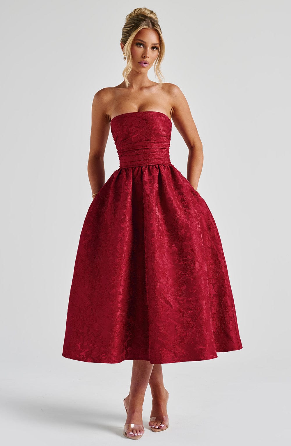 Red Floral Jacquard Strapless Midi Dress with Lace-Up Back