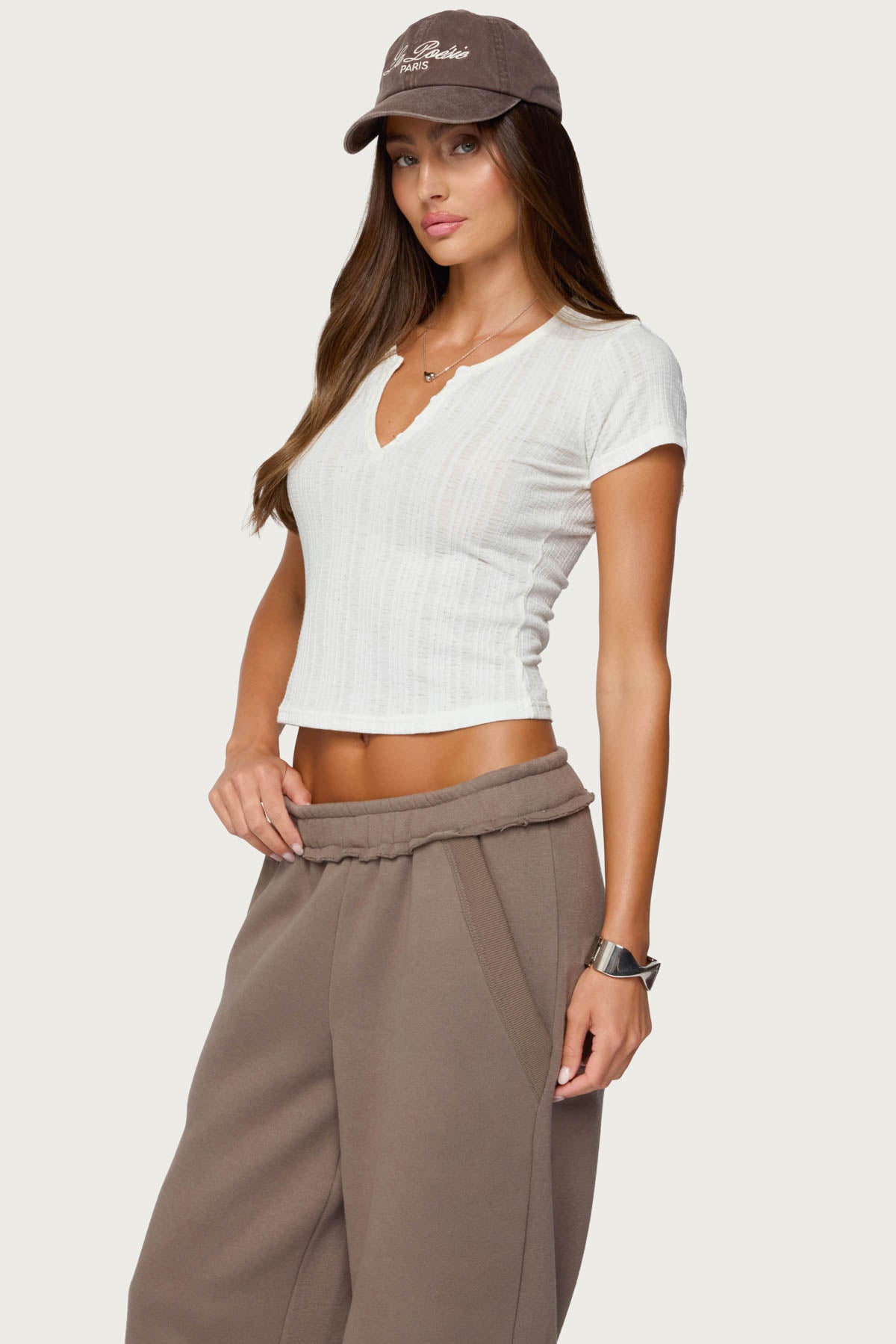 White Ribbed V Neck T-Shirt - Soft & Stretchy Fabric