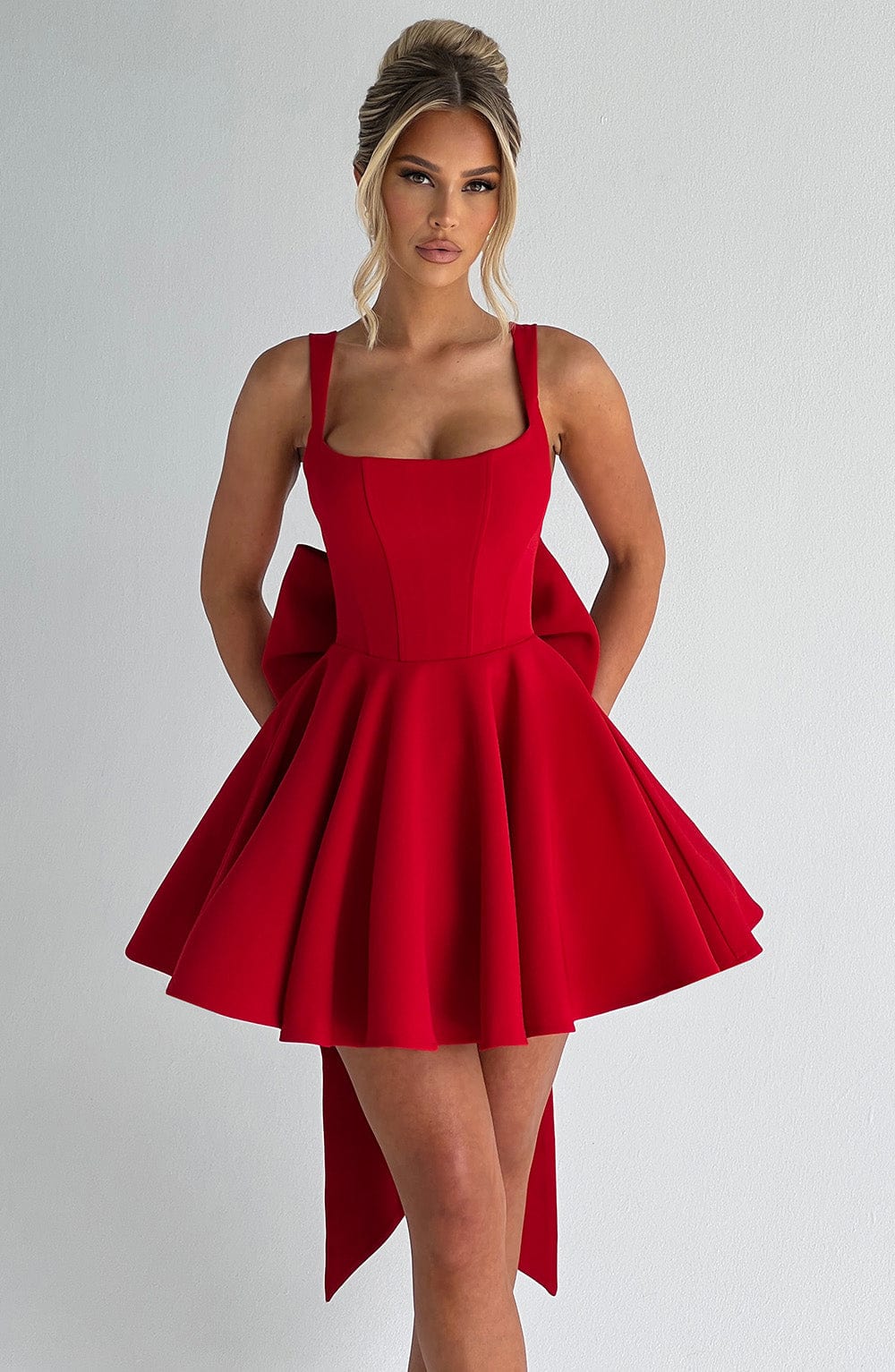 Red Mini Dress with Detachable Bow - Elegant Sophistication