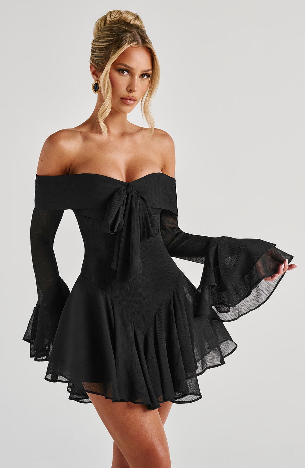 Black Chiffon Playsuit Dress with Bardot Neckline