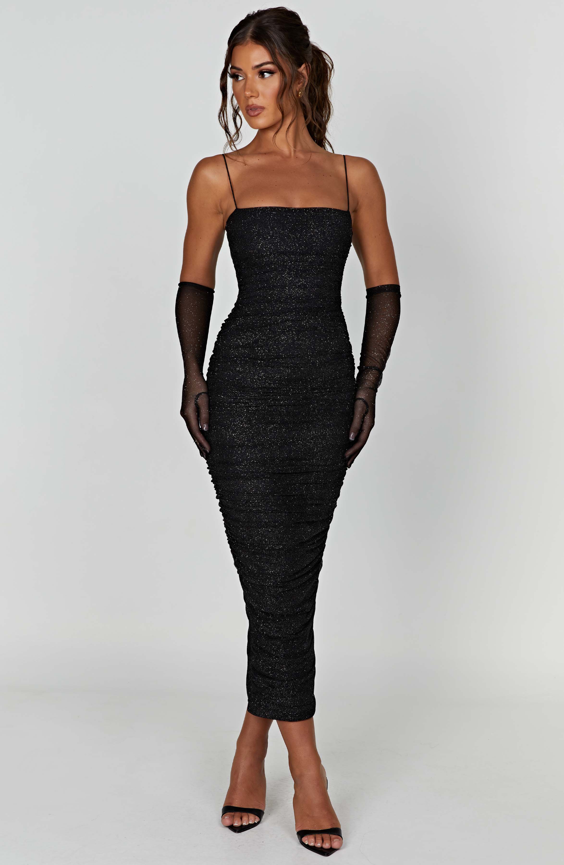 Black Sparkle Maxi Dress - Elegant Glitter Mesh Fabric