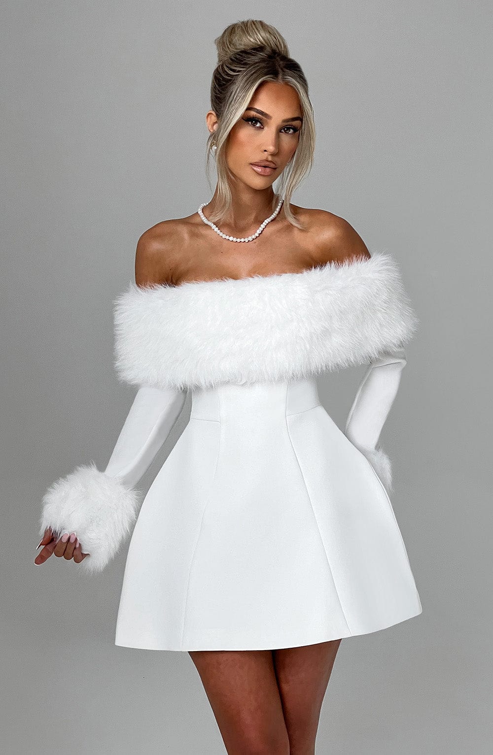 Ivory Bubble Hem Mini Dress | Elegant Bardot Neckline