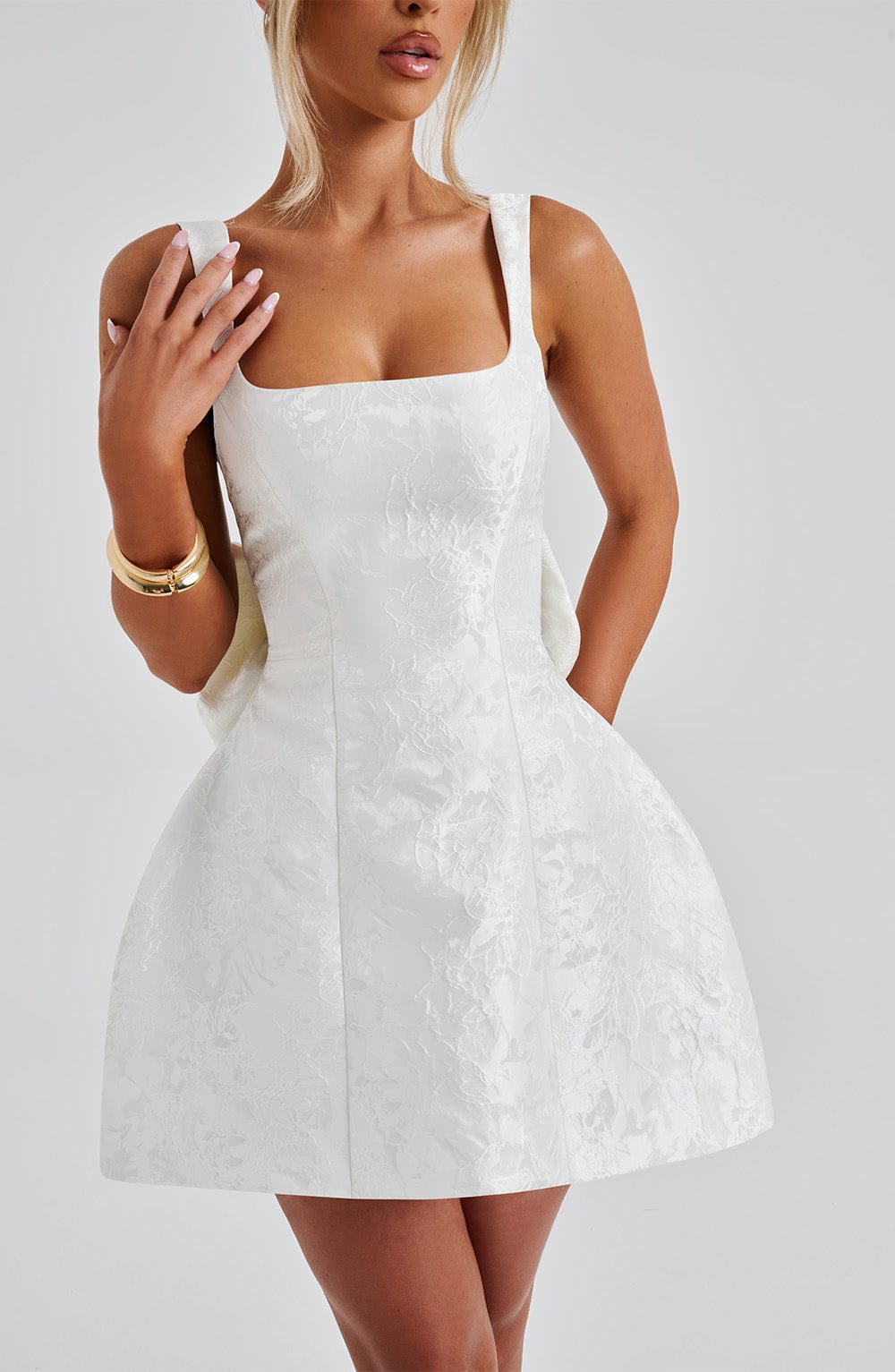 Ivory Floral Jacquard Square Neck Mini Dress with Bow Detail