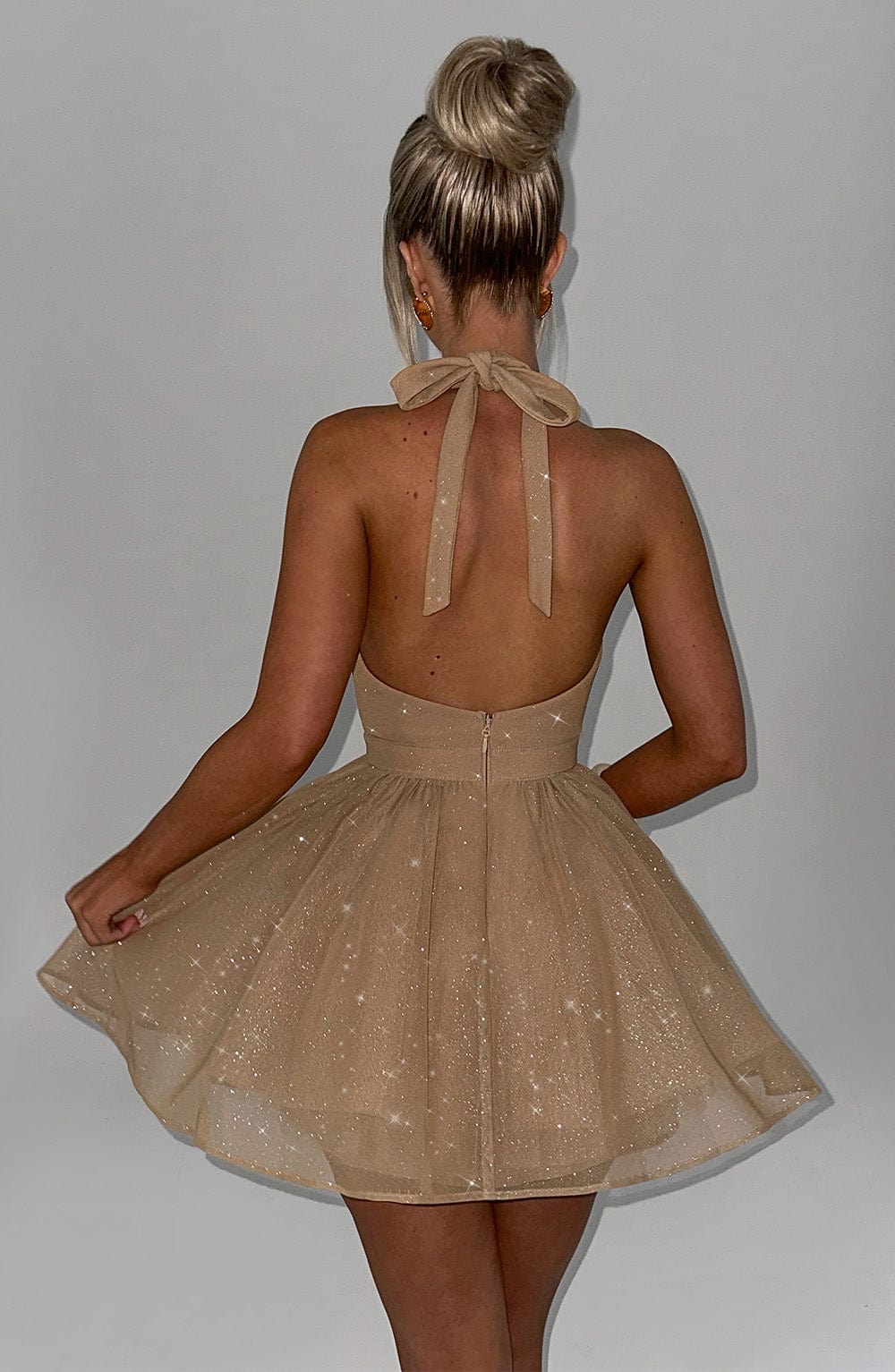 Gold Sparkle Halter Mini Dress | Elegant Party Wear
