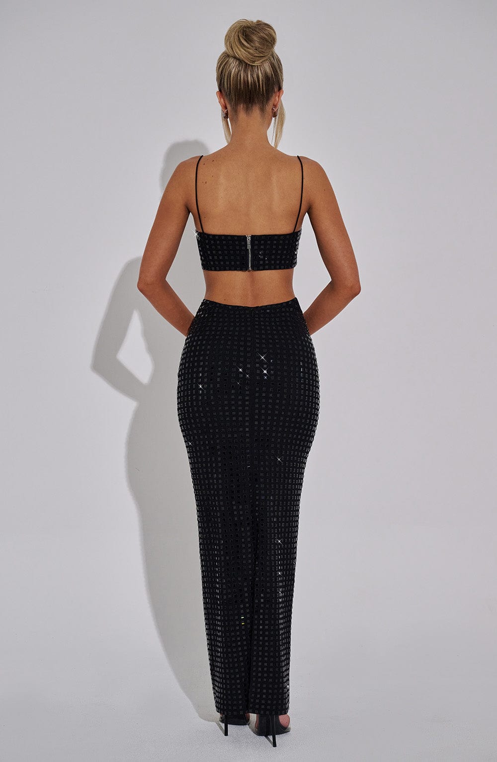 Black Mesh Rhinestone Maxi Skirt