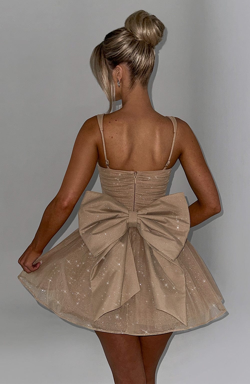 Gold Sparkle Ruched Mini Dress with Detachable Bow Detail