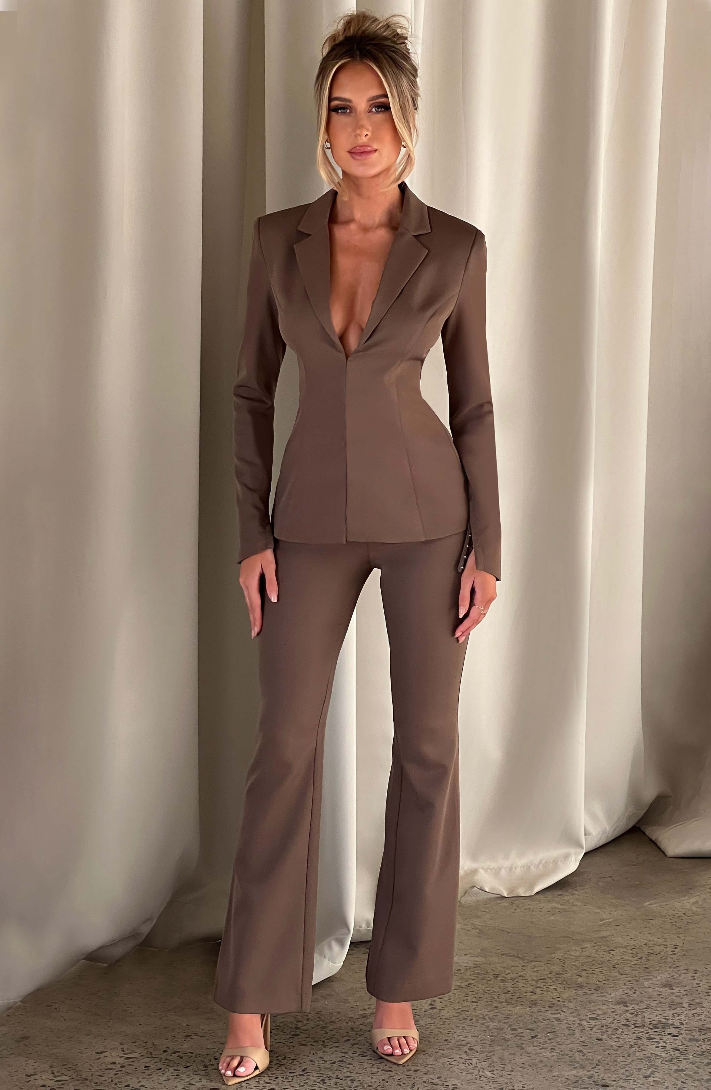 Flared High-Waisted Mocha Pants - Premium Bengaline Fabric