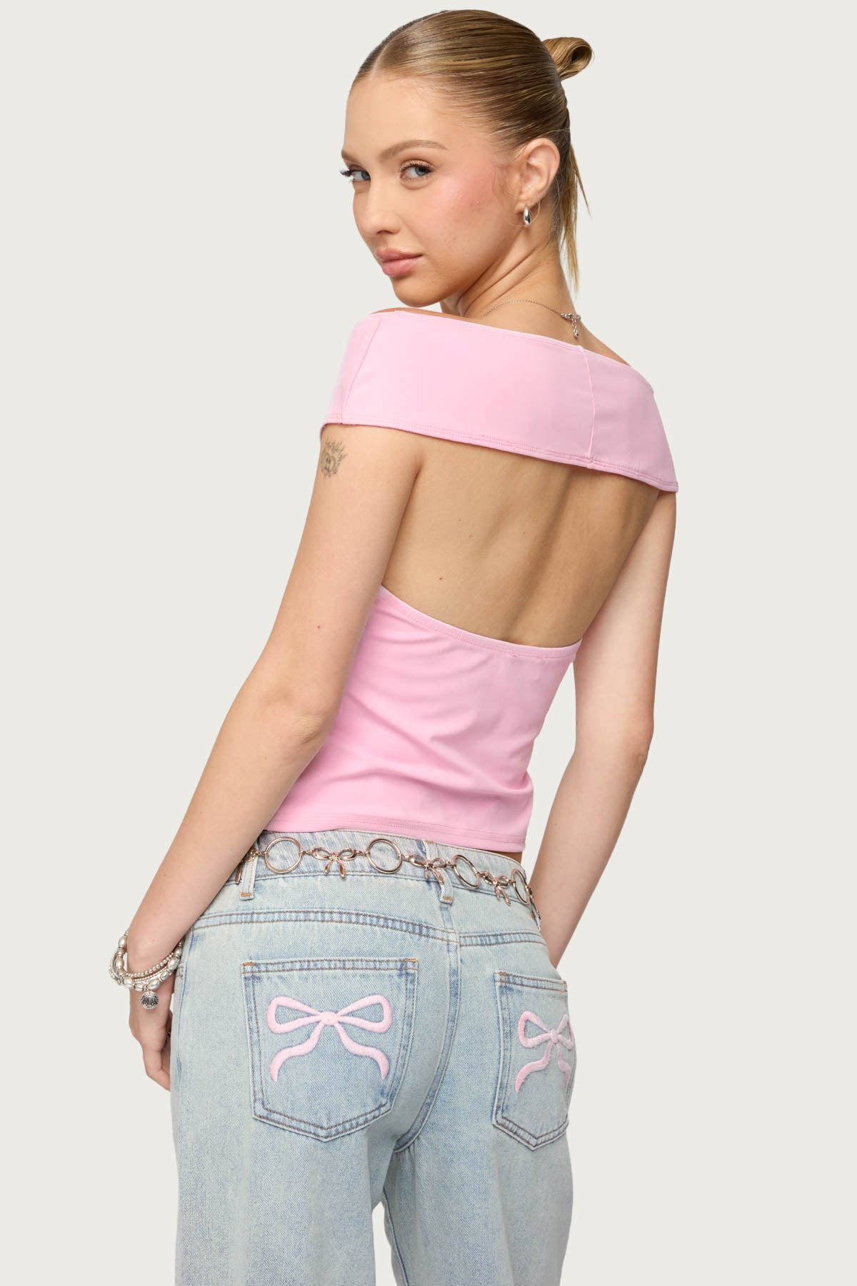 Light Pink Cut Out Off Shoulder Top Womens Summer Fashion