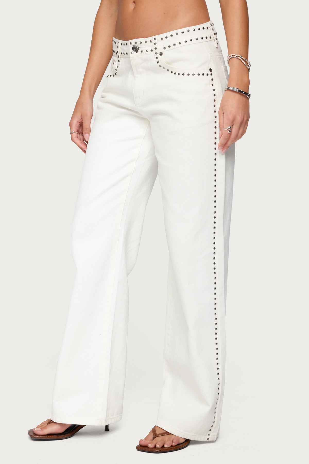 White Studded Low Rise Denim Pants
