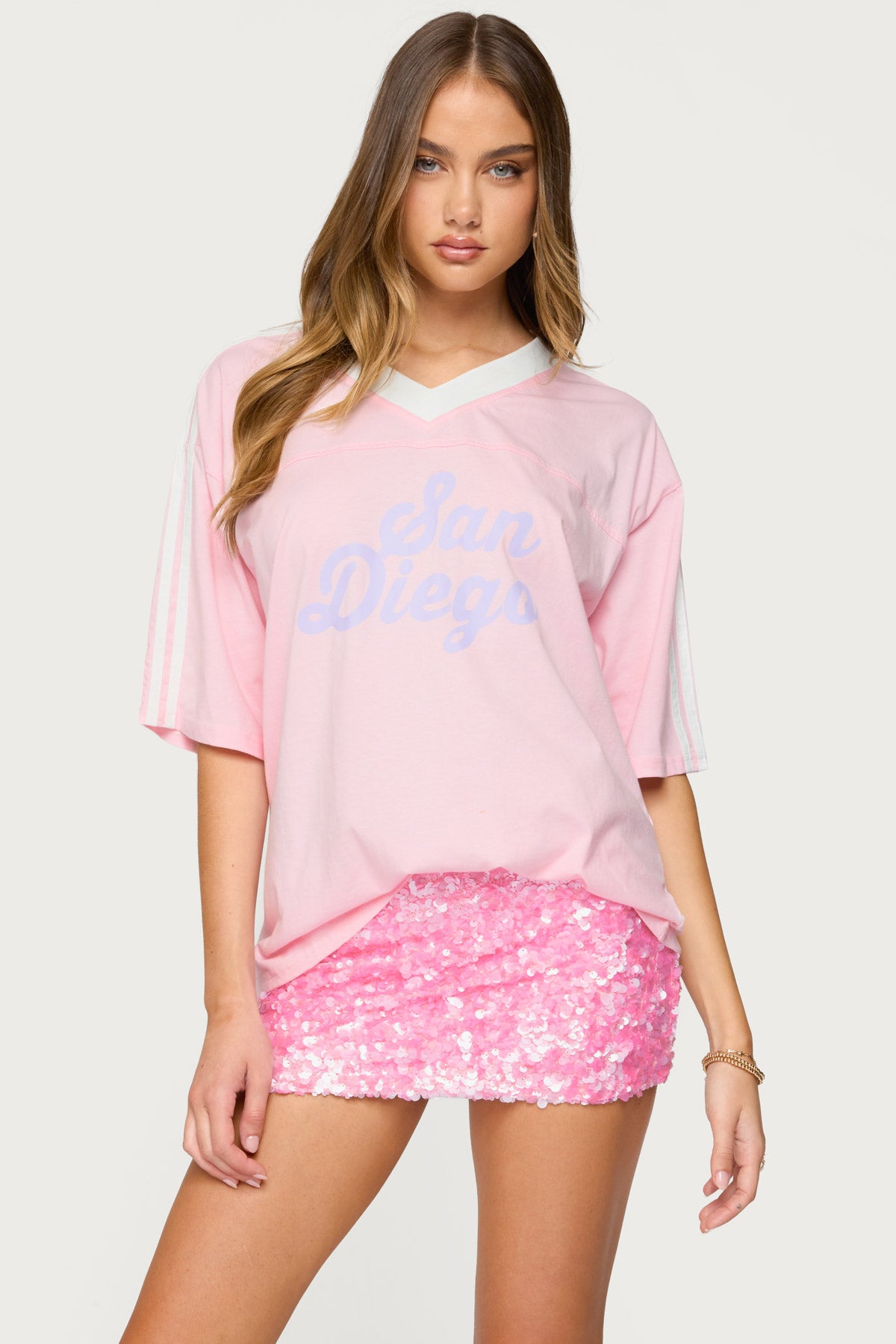 Light Pink Oversized T-Shirt Womens V-Neck 100% Cotton