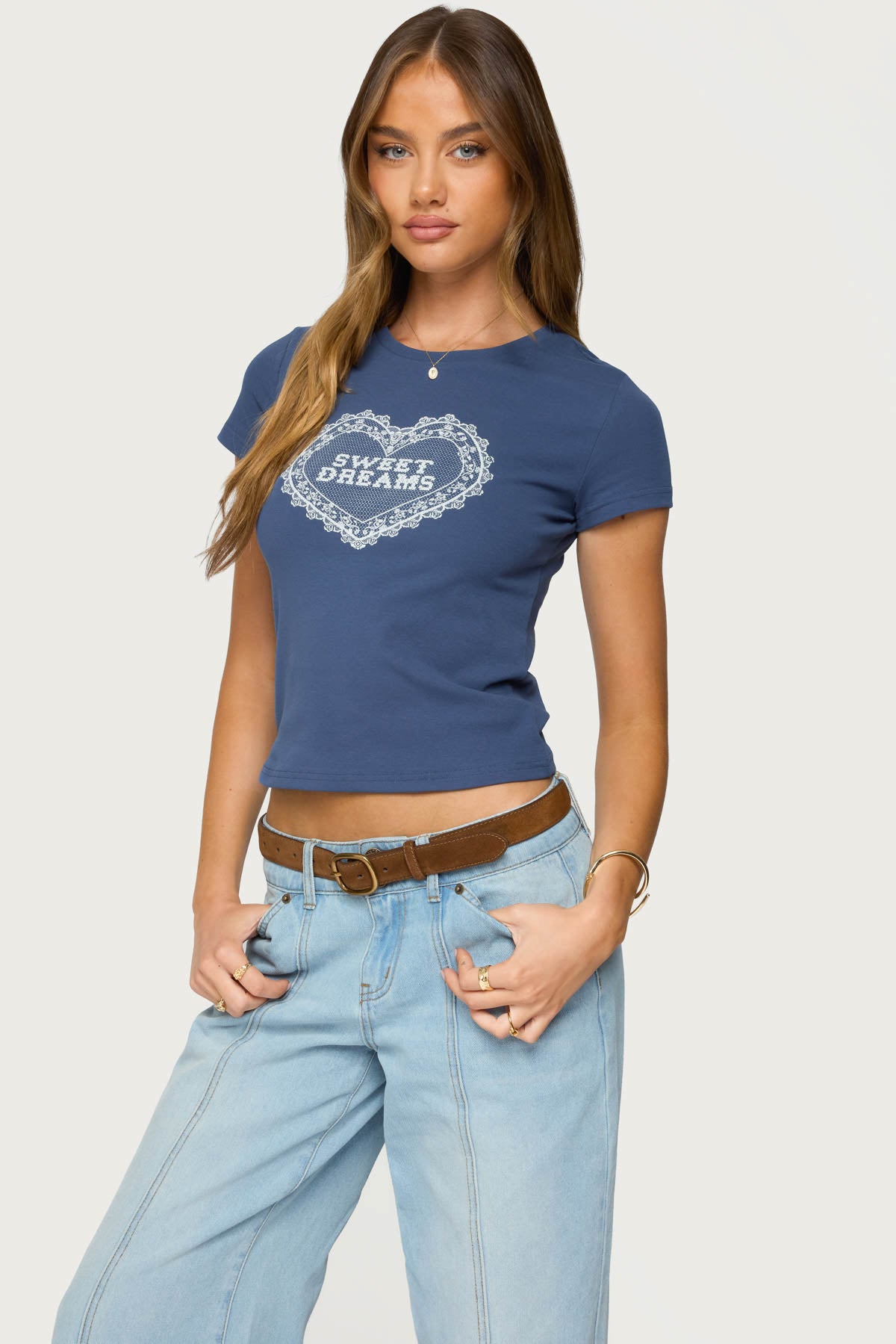 Navy Heart Graphic Print T-Shirt Womens Cotton Spandex