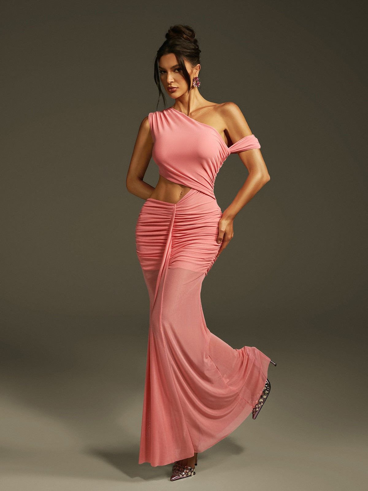 Pink Mesh Ruched Maxi Dress - Elegant Cutout Design