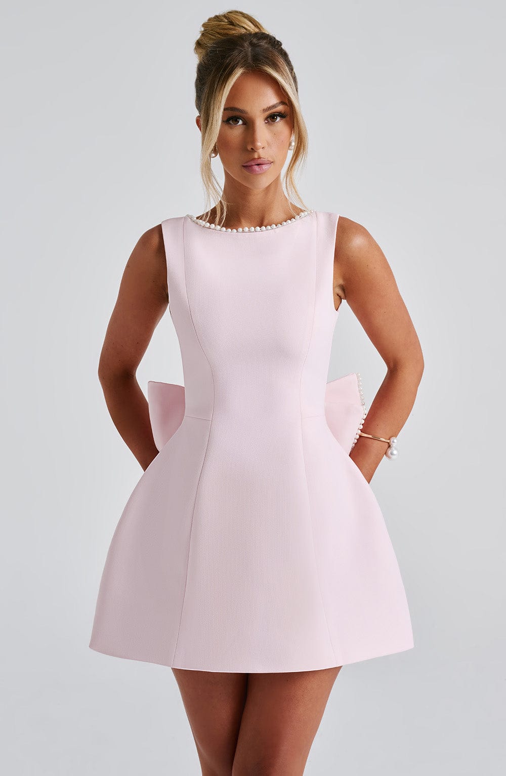 Blush Bubble Hem Mini Dress with Pearl Detailing