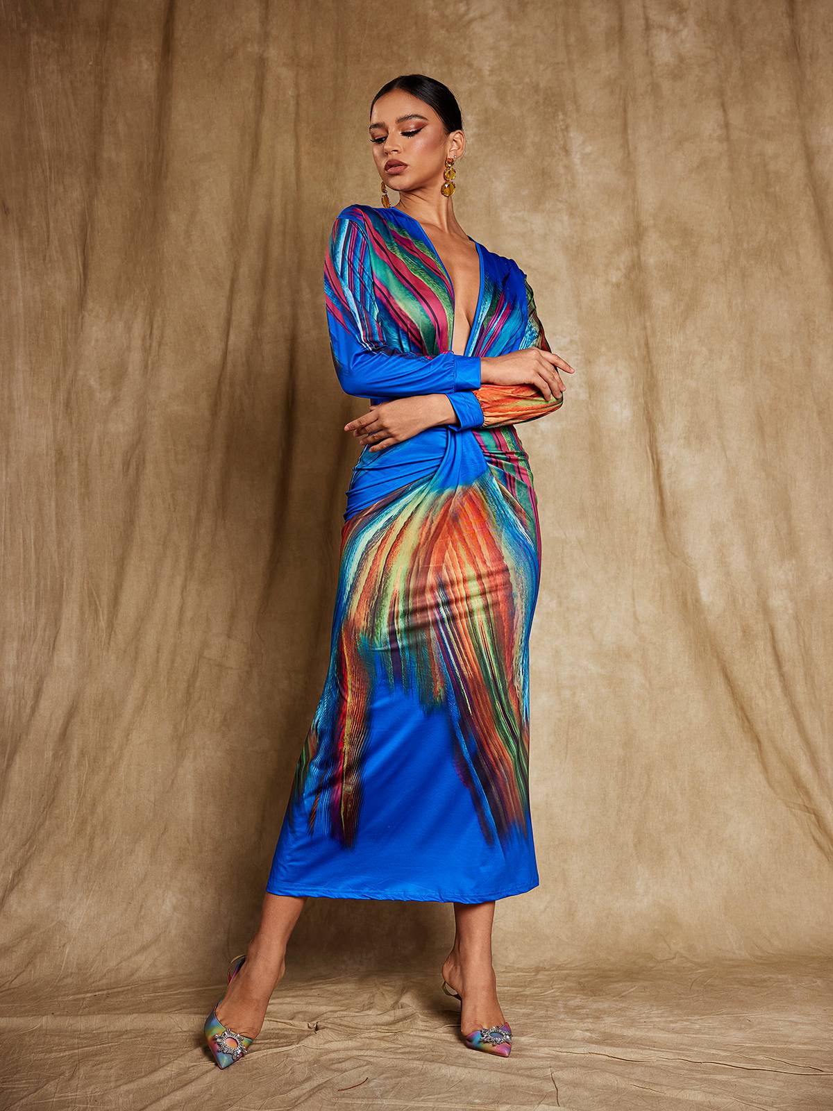 Elegant Satin V-Neck Midi Dress in Blue | Wang Kuan