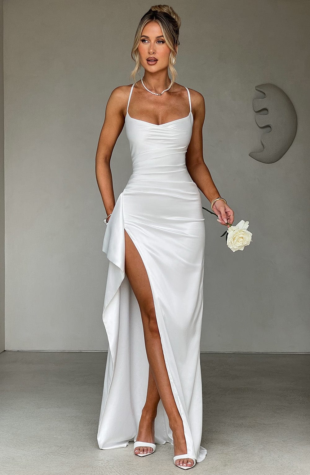 Ivory Satin Twist Cowl Neck Maxi Dress