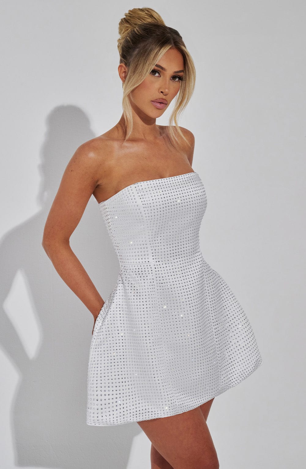 Ivory Satin Strapless Bubble Mini Dress