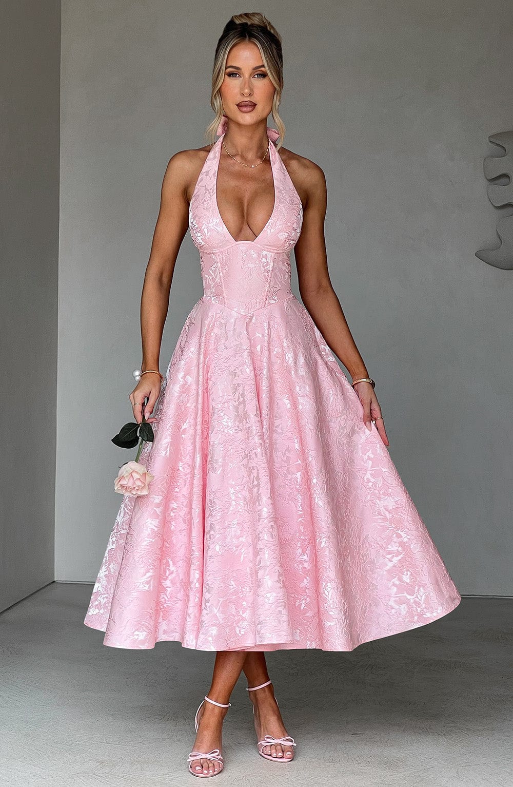 Blush Floral Jacquard Midi Dress with Lace-Up Back
