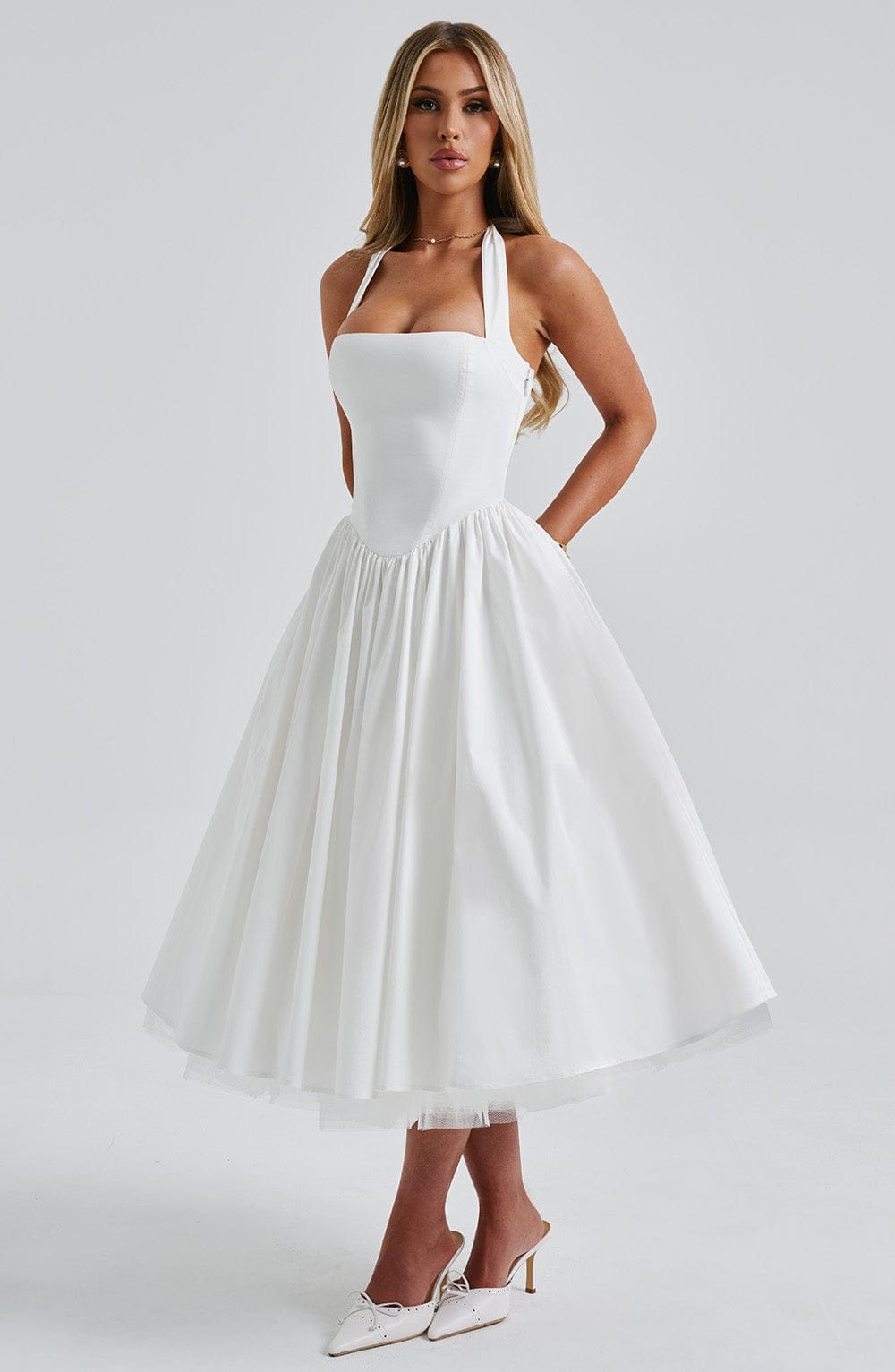Ivory Square Neck Midi Dress - Premium Design for Flattering Silhouette