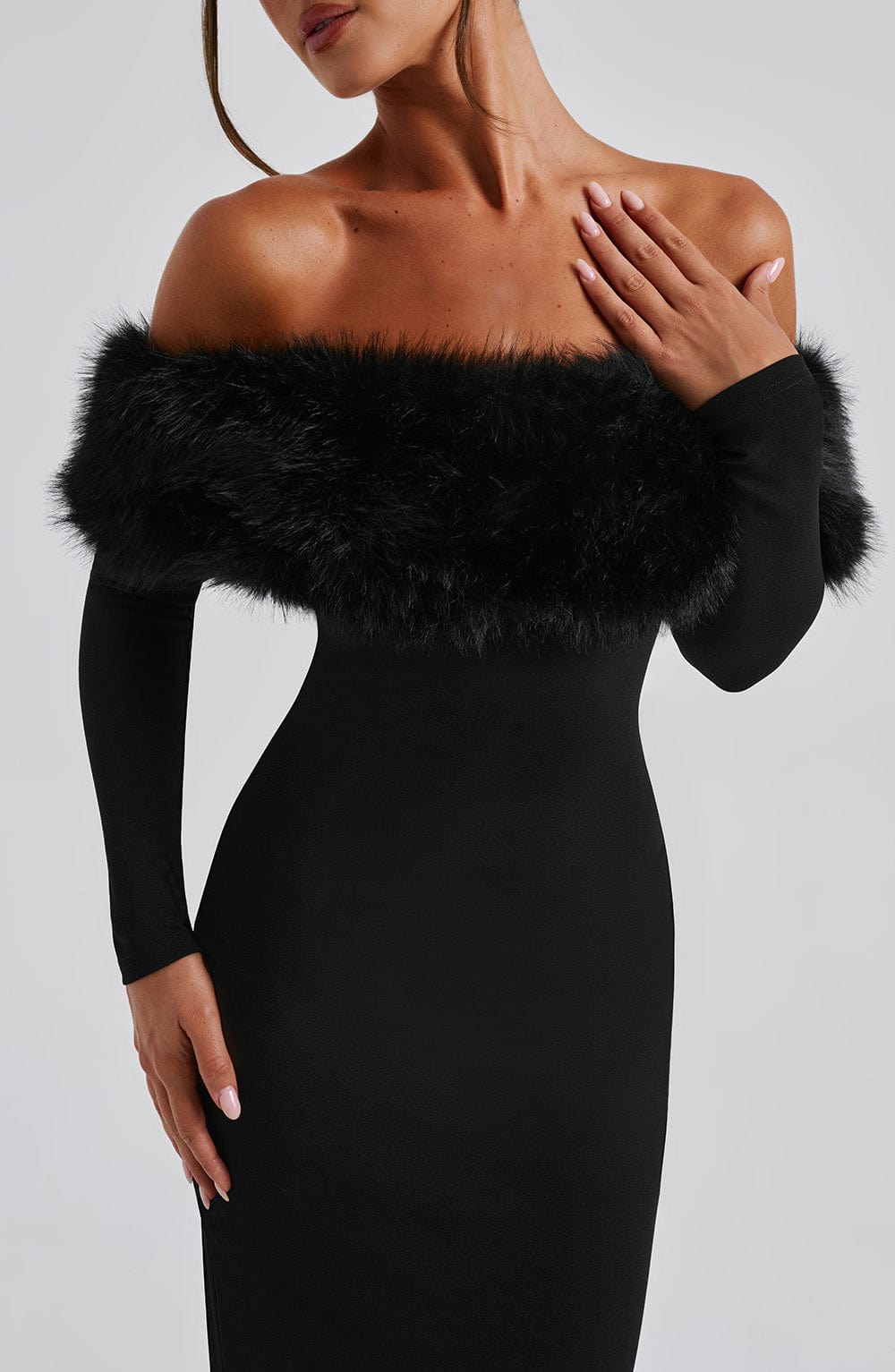 Black Bardot Faux Fur Trimmed Midi Dress for Women