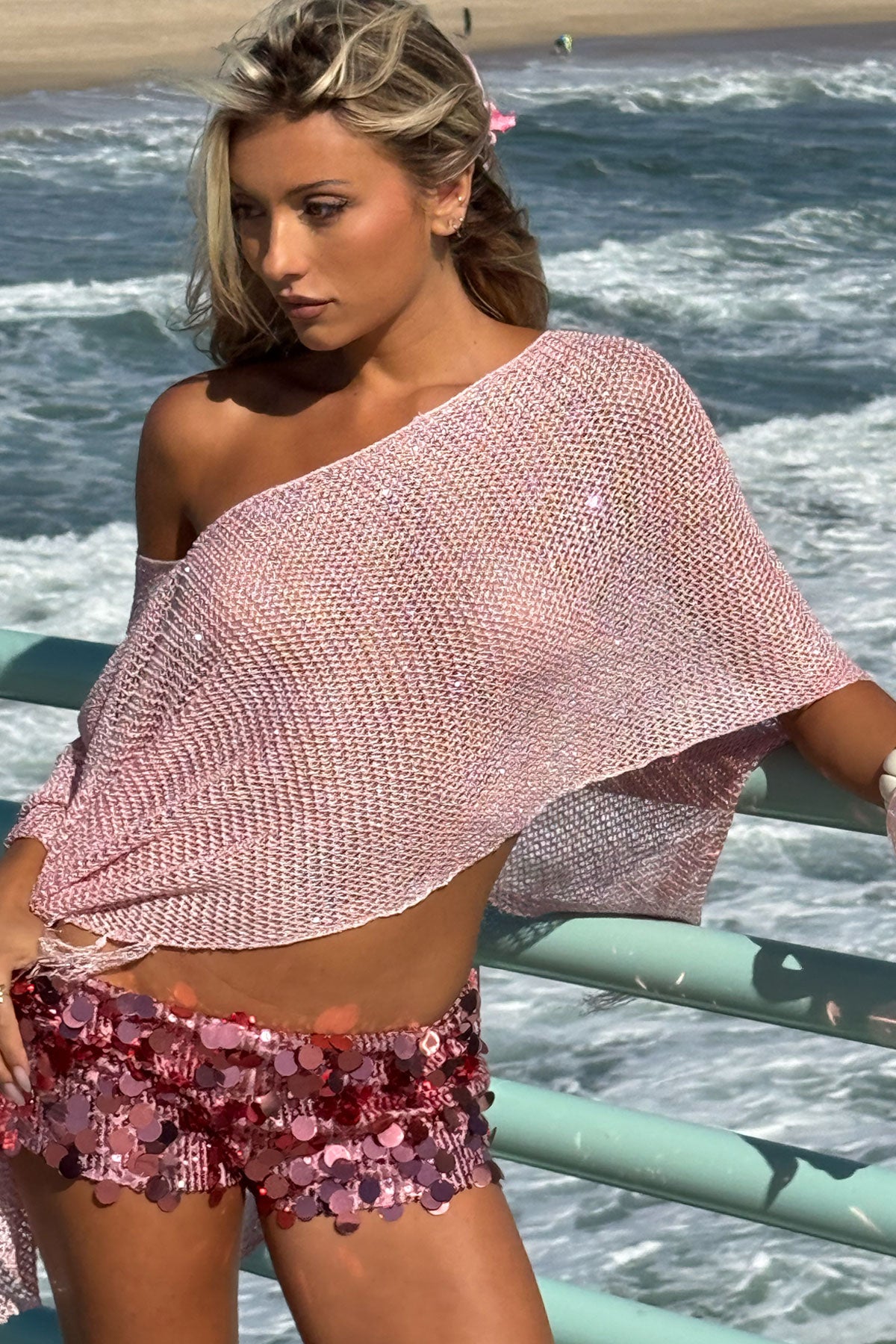Fringe Sequin Knit Poncho in Pink