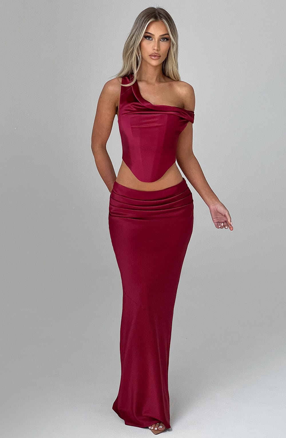 Luxury Burgundy Audra Stretch Satin Off-Shoulder Top with Corset