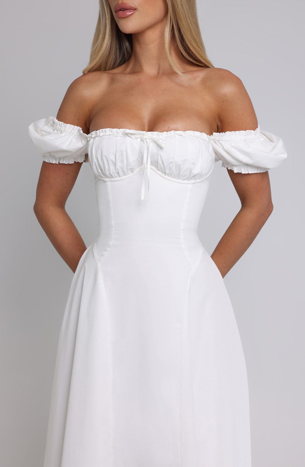 Ivory Cinched Waist Midi Dress in Premium Cotton Blend Fabric