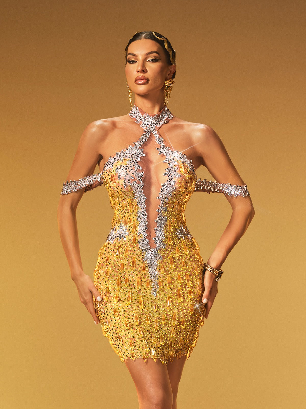 Chartreuse Crystal Mesh Halterneck Mini Dress