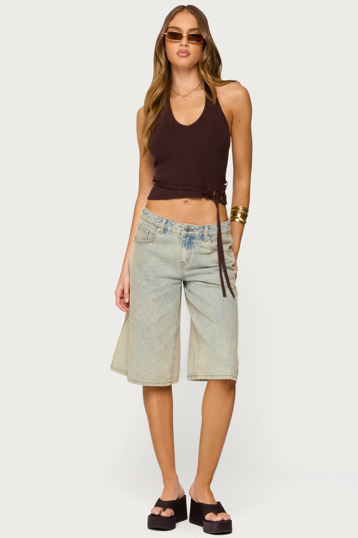 Brown Knit Halter Top with Belted Design