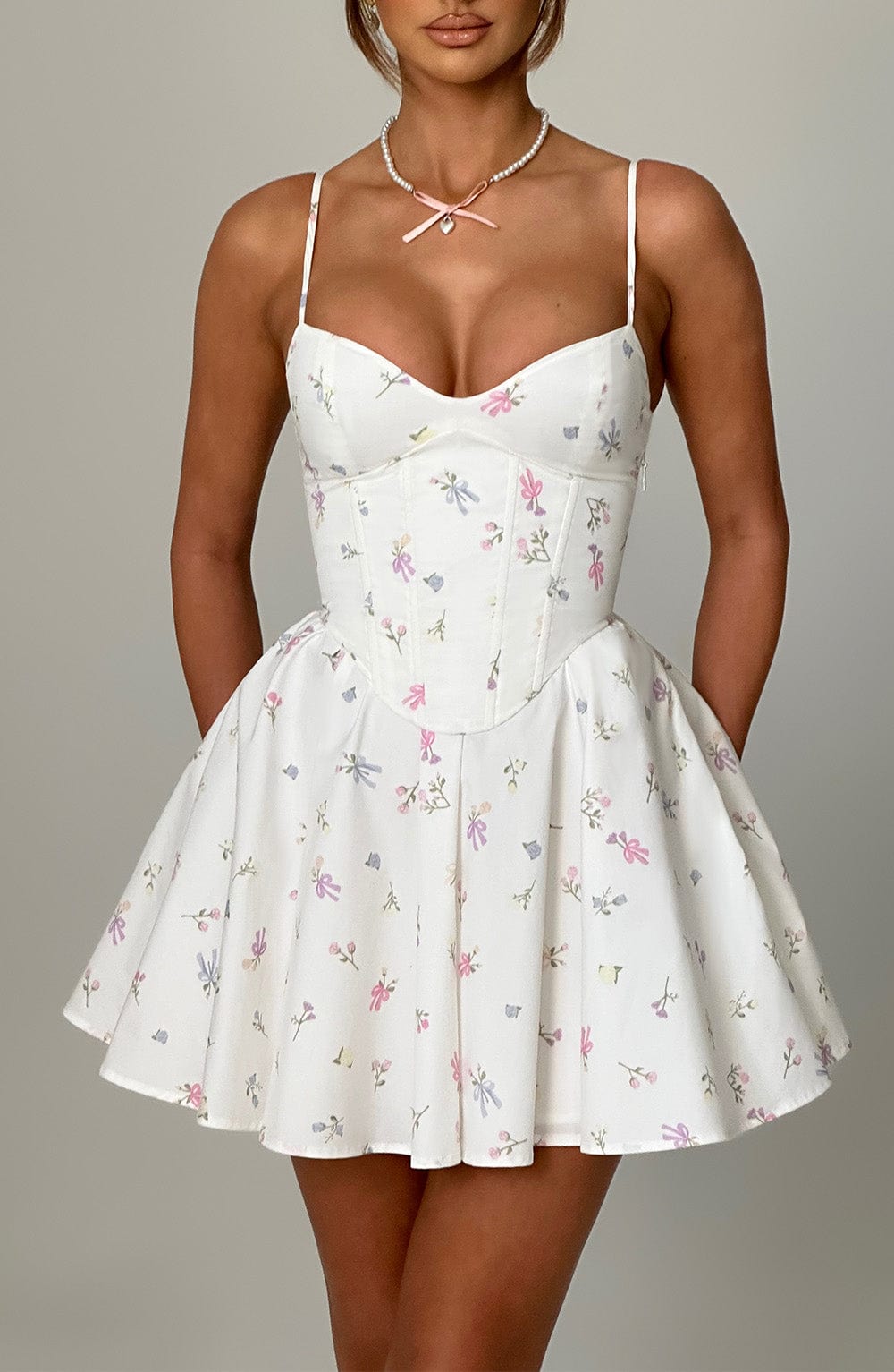White Floral Print Corset Mini Dress - Adjustable Straps & Lace-Up Back