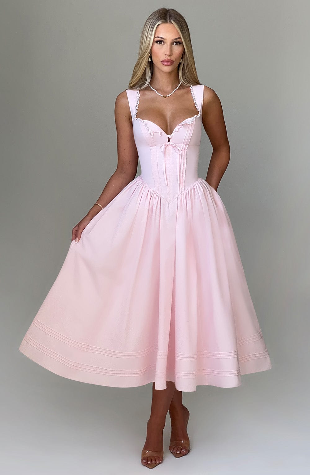 Blush Square Neck Midi Dress with Lace Details