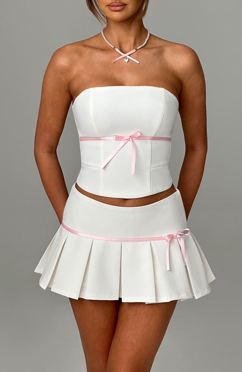 Feminine Ivory Crepe Strapless Bow Top - Anya Collection